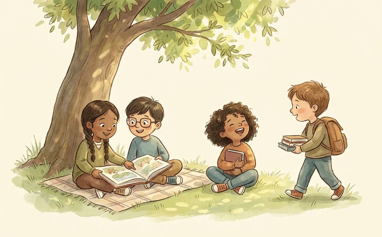 A watercolor illustration of four diverse children reading together under a large tree on a sunny afternoon