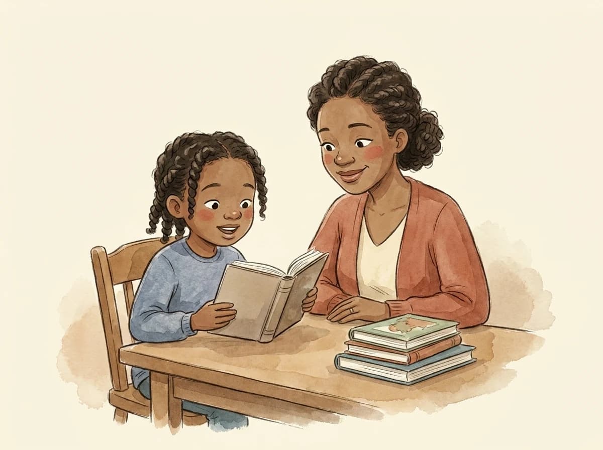 Watercolor illustration of a mother listening as her older daughter reads aloud from a chapter book, with outgrown picture books stacked nearby