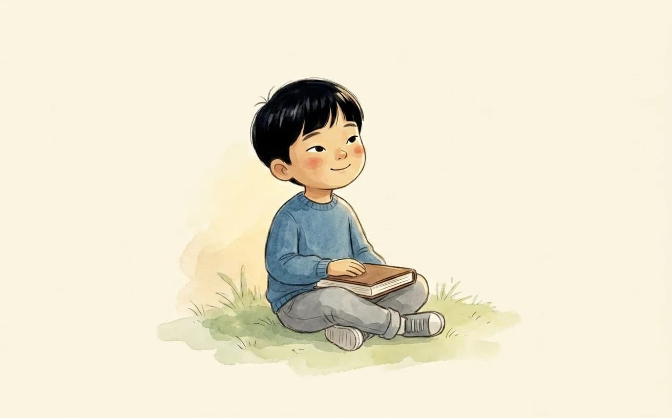 Watercolor illustration of a child sitting on the grass with a book in their lap, looking up with quiet focus