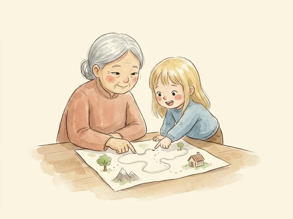 Watercolor illustration of a grandmother and a young child seated together at a table, tracing a route across a hand-drawn paper map