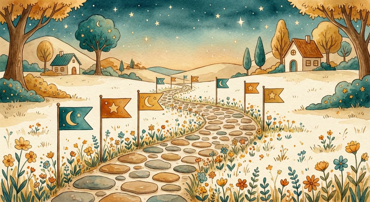 A storybook learning path with milestone flags