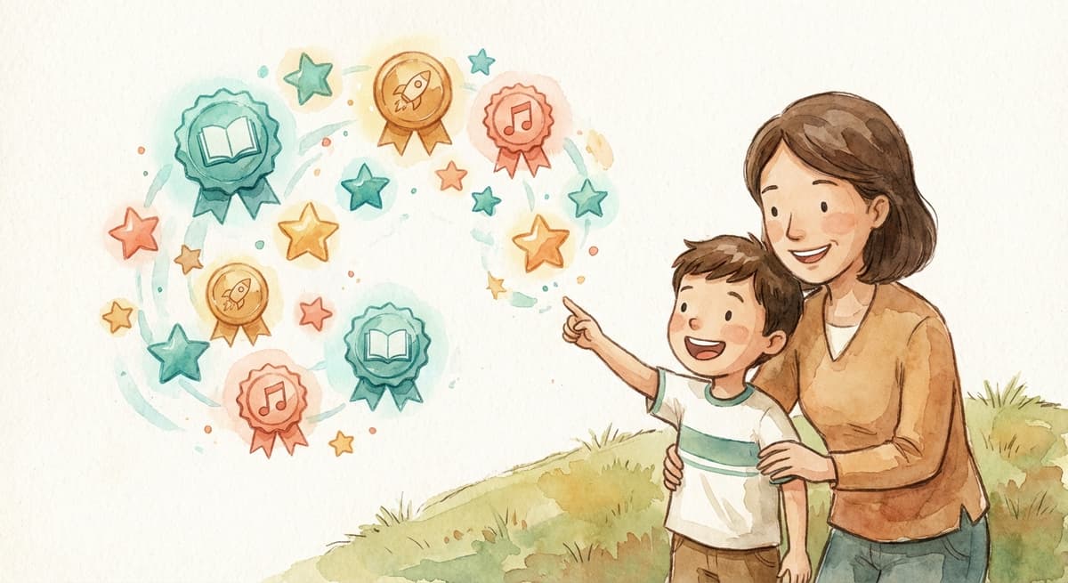 A parent and child celebrating progress with achievement badges