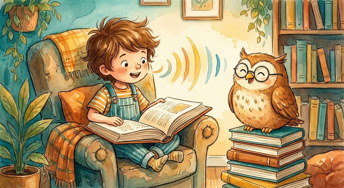 A child reading aloud with sound waves and a friendly owl listening