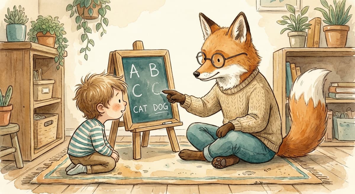 A friendly fox teacher explaining letters on a chalkboard to a child