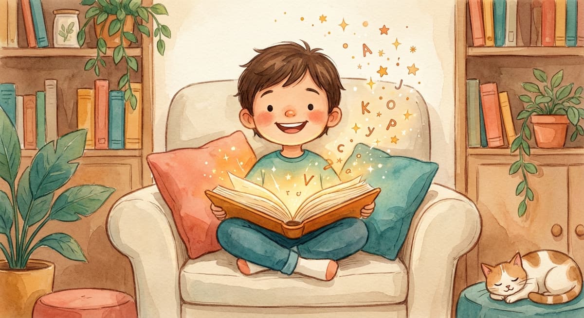 A child happily reading a glowing book surrounded by floating letters