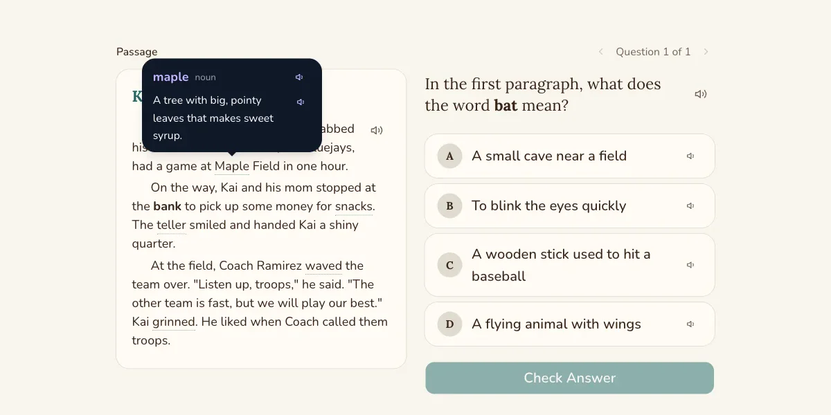A reading passage with a tapped word showing its kid-friendly definition in a popover, next to a multiple-choice question