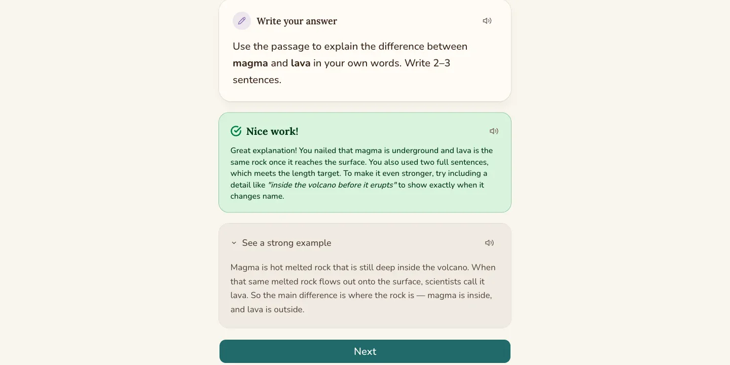 A written-response task showing a student's answer and AI-generated feedback with a strong example